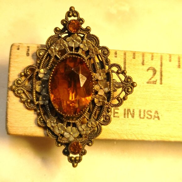Antique Victorian Brass Filigree Brooch Yellow Orange Amber Colored Glass - Picture 10 of 16